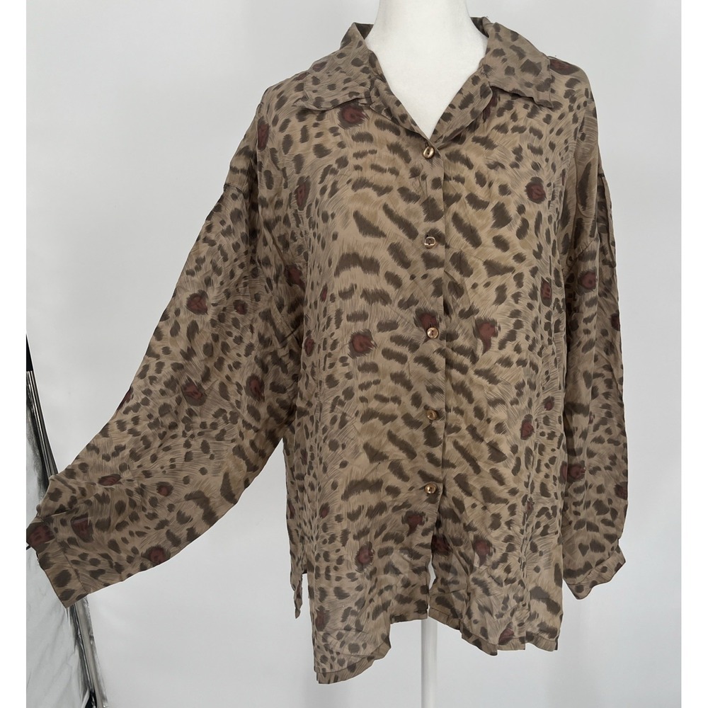 Vintage Bogari Womens LG Leopard Print Silk Blouse Long Sleeve Boho Chic Retro